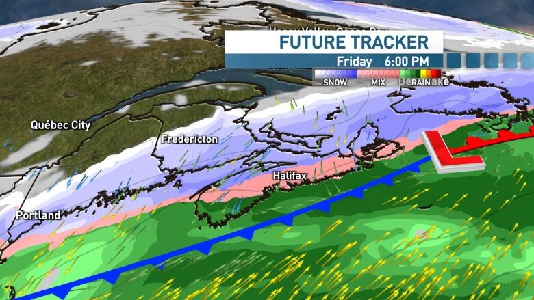 Temperatures will fall through Friday afternoon with a mix of ice, freezing rain then snow moving southward into Nova Scotia. 