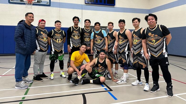 basketball team posing on court 