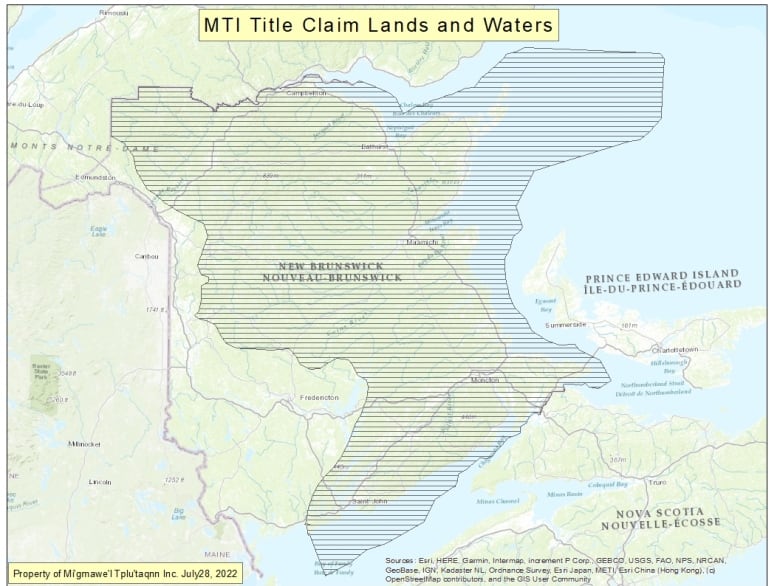 A map of New Brunswick that shows an area almost as big as the province, and that extends into offshore waters.