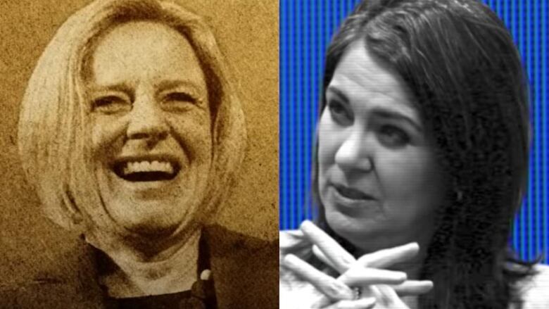 In images taken from attack ad videos, NDP Leader Rachel Notley is in sepia, and UCP Leader Danielle Smith is in stark black and white on a blue background.