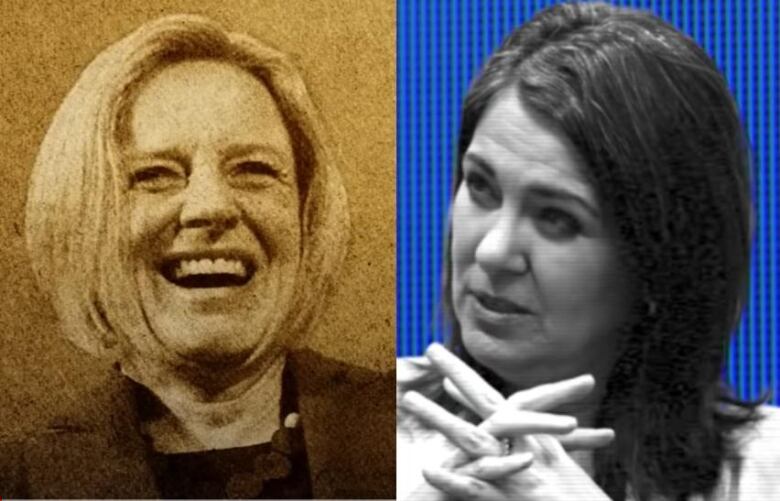 In images taken from attack ad videos, NDP Leader Rachel Notley is in sepia, and UCP Leader Danielle Smith is in stark black and white on a blue background.