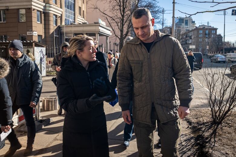 Foreign Affairs Minister Mlanie Joly walks and talks with Kyiv Mayor Vitali Klitschko on Feb. 15, 2023.