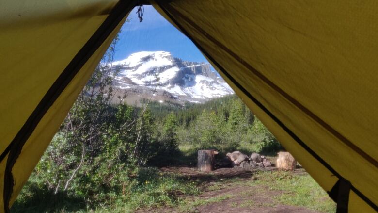 A snow-capped mountain is lit by the morning sun, seen through the mosquito netting and framed by the yellow flaps of a tent.