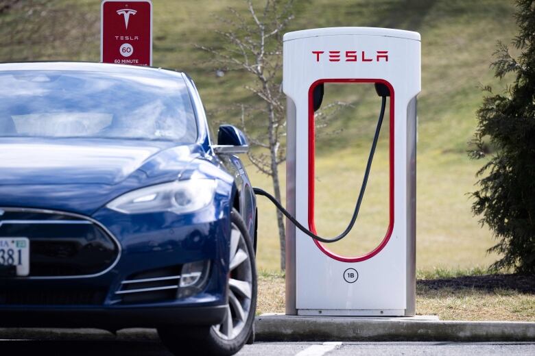 A Tesla Model S vehicle is seen plugged into a charging station in Falls Church, Va.