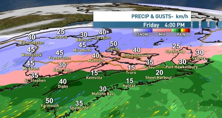 Map suggesting a snow-ice mix on Prince Edward Island around 4 p.m. 