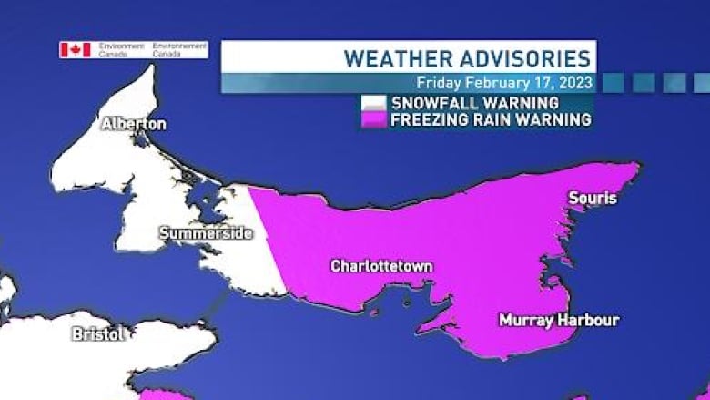 Weather map showing snowfall warning in Western P.E.I. and freezing rain warning for the rest of the province. 