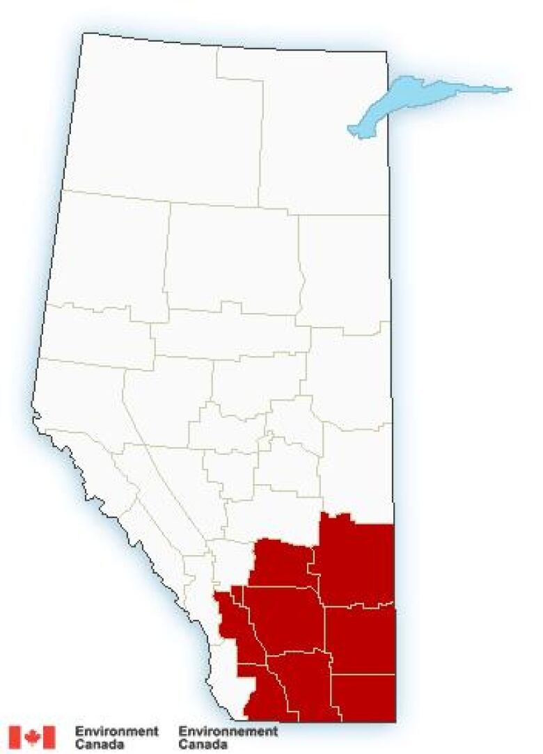 A graph highlighting areas in Alberta that have been issued a snowfall warning.