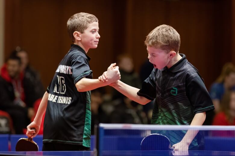 Two boys with short sandy-brown hair congratulate each other, gripping hands in a high five. The younger boy's mouth is open in an apparent shout of celebration. The older boy eyes his brother with a satisfied grin.