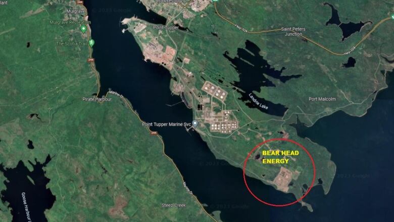 A map shows the location of Bear Head Energy's proposed green hydrogen project in the Point Upper, N.S. industrial park.