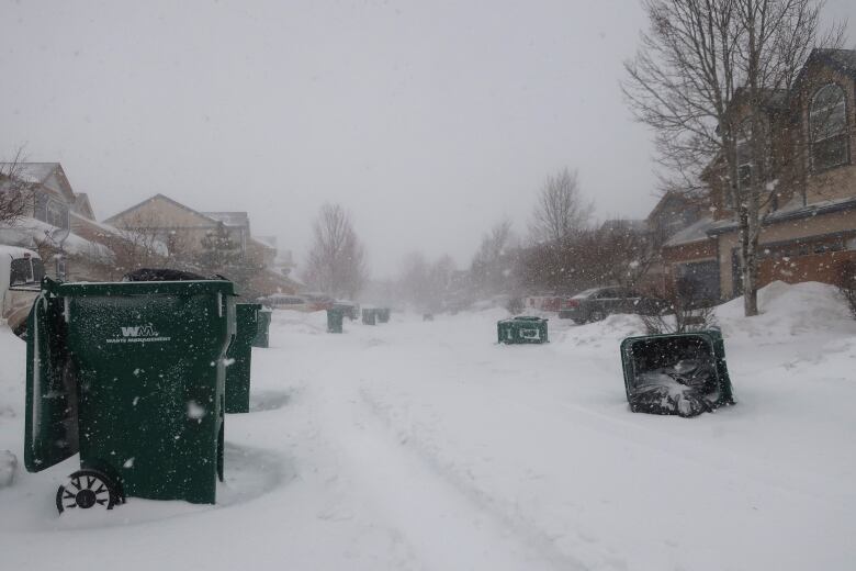 Several recycling bins at the end of people's driveways lie on their side in a snow-covered subdivision.