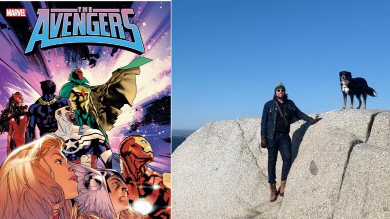 On the left is a cover for The Avengers Issue 1. On the right, is a photo of a man and his dog, perched on a rock next to to the ocean. 