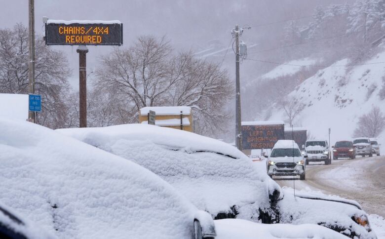 Snow-covered cars.