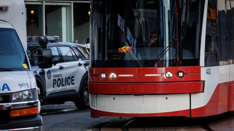 A streetcar approaches a stop at Yonge and Dundas on Jan. 26, 2023. Police will increase their presence on public transit after a surge of violent incidents on the TTC.