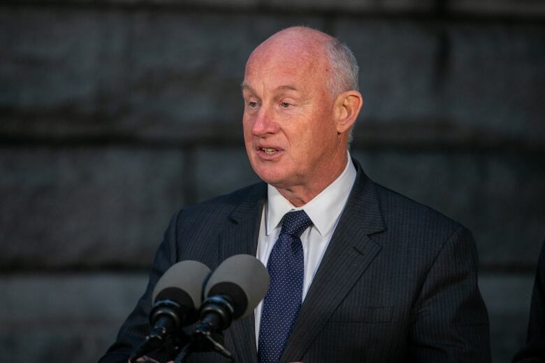 A man in a navy suit and blue tie stands at a podium