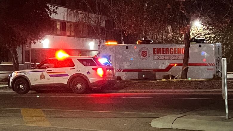 First-responder vehicles in Kelowna, B.C., respond to a bomb scare.