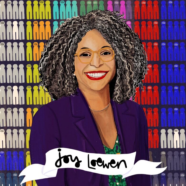 Illustrated portrait of Joy Loewen, a woman wearing a purple blazer with a green top underneath. She has shoulder length black and grey coloured hair and glasses. 