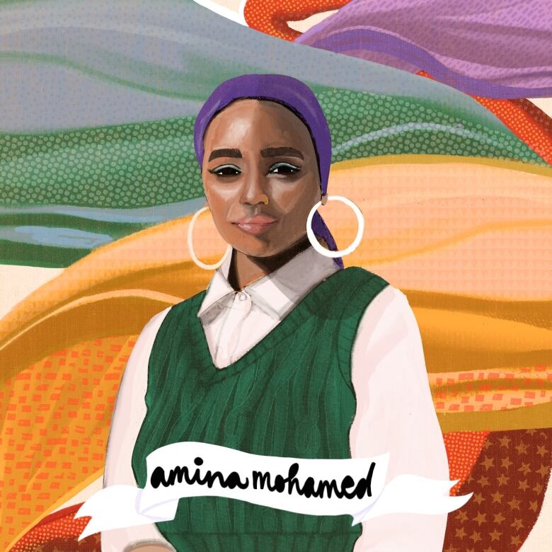 Illustrated portrait of Amina Mohamed, a woman wearing a white, long-sleeved shirt and green vest. She wears a purple hijab and hoop earrings. 