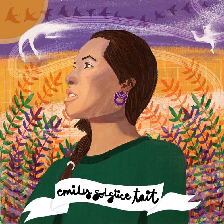 Illustrated portrait of Emily Solstice Tait, a woman wearing a green, crew neck shirt. Her long hair is braided to one side and she wears purple earrings. The background includes tall branches of leaves and a white figure dancing.