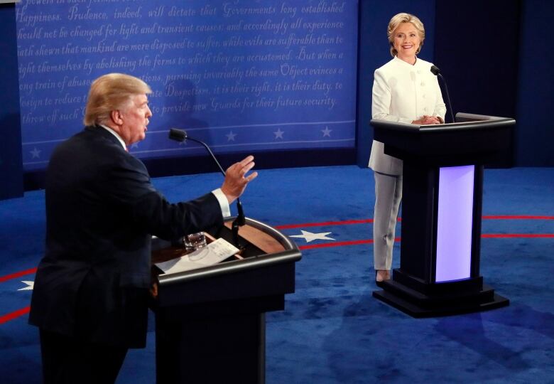 Republican presidential nominee Donald Trump debates Democratic presidential nominee Hillary Clinton during the third presidential debate at UNLV in Las Vegas, Wednesday, Oct. 19, 2016.