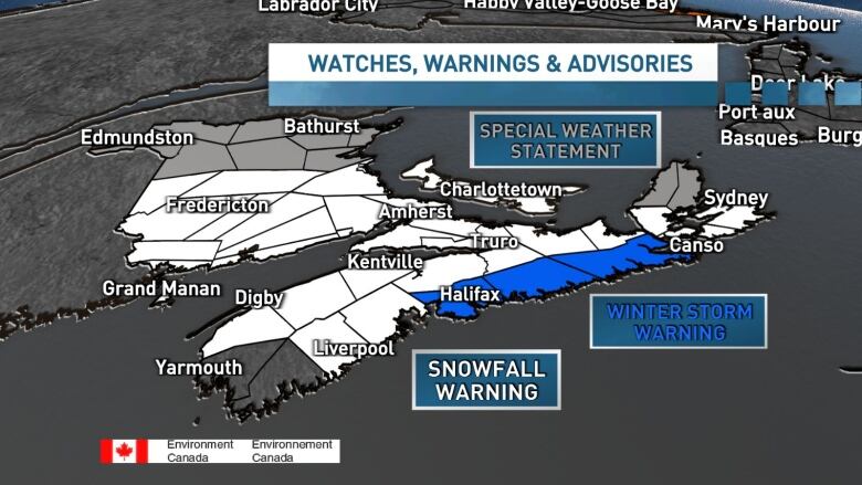 A map of Nova Scotia. Digby, Liverpool, Truro, Canso are under a snowfall warning. Halifax and Canso are under a winter storm warning.