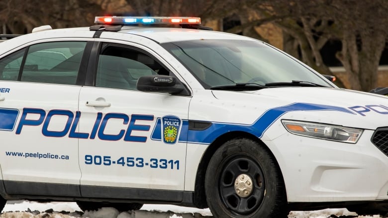 A Peel Police car at Hurontario Street and Matheson Blvd. West in Mississauga, Ontario on March 2, 2023.