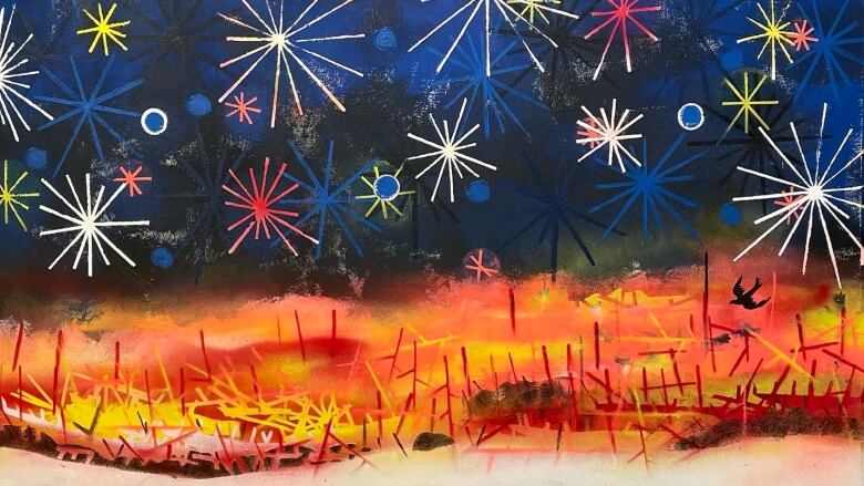 A painting of bright orange and yellow streaks at the bottom of the image, with a dark blue sky and white, red and yellow starbursts throughout.