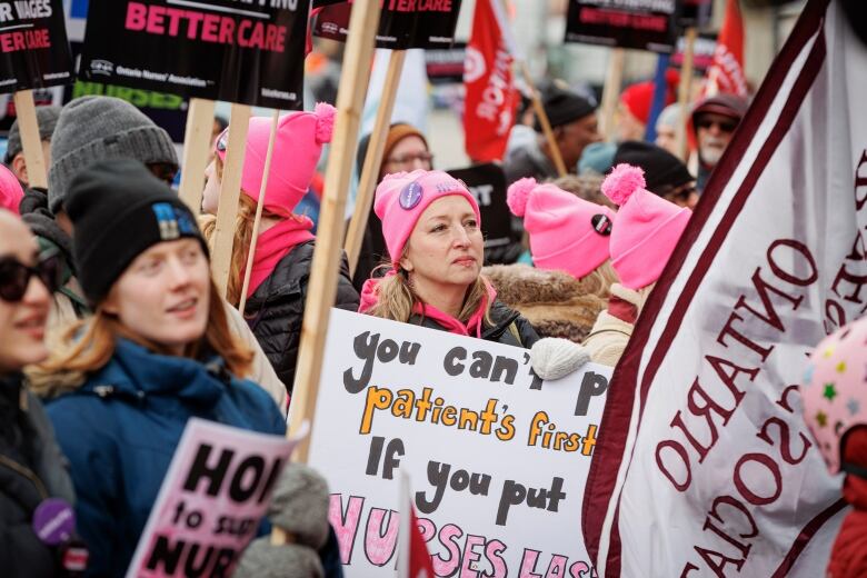 Members of the Ontario Nurses' Association hold a rally outside the Sheraton hotel, in downtown Toronto, on March 2, 2023.