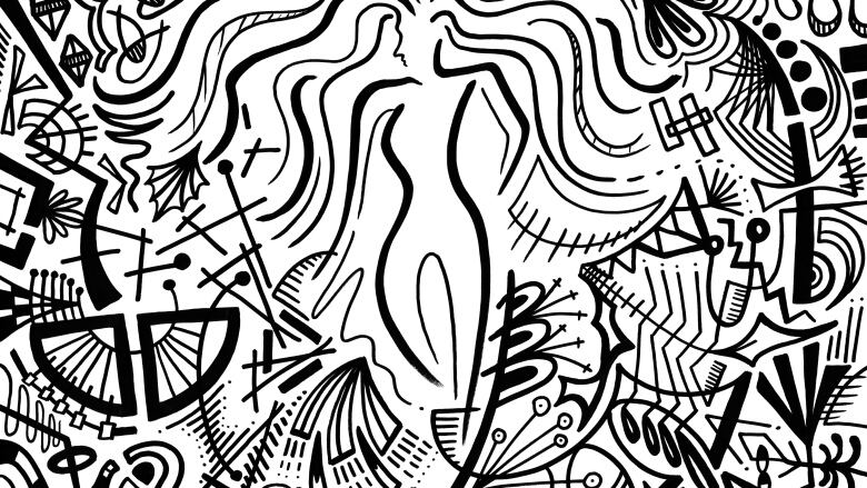 A black and white line drawing that is depicts the outline of a woman with long flowing hair. 