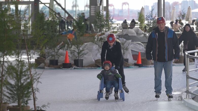 Skaters pass between potted trees and a railing on an ice rink. Behind them is a port with container cranes.