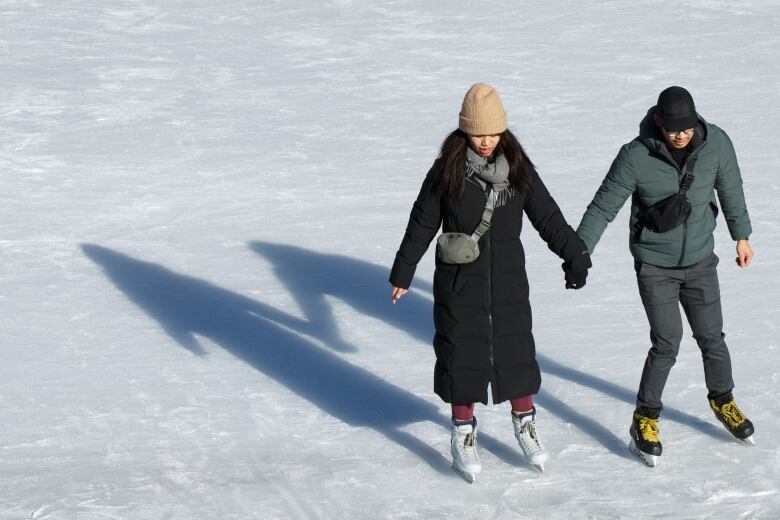 A man and woman on skates hold hands on the ice.