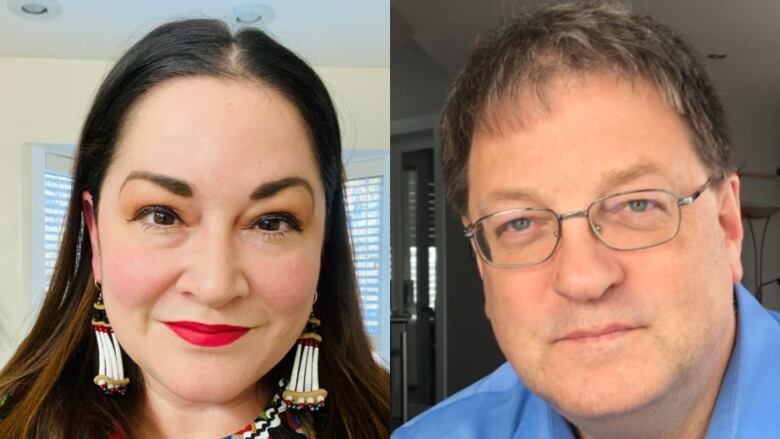 Two side-by-side portrait photos, or an Indigenous woman and a white man. 