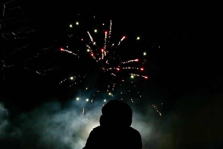 The back of a person who is wearing a coat. They are looking up at the sky, at a red and green firework.