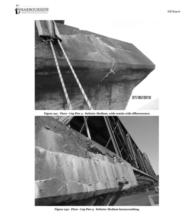 A page from the 2018/19 Inspection conducted by Harbourside Engineering. It includes photos of deteriorating concrete on the Seal Island Bridge.