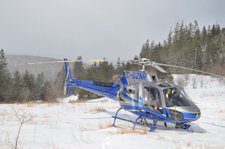 A helicopter sits on snowy ground, in front of a forest.