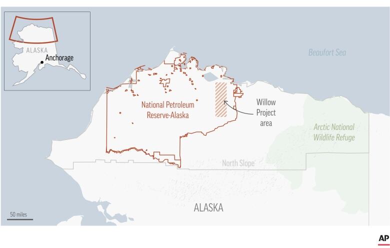 Map showing the Willow Project inside the National Petroleum Reserve in northern Alaska. 