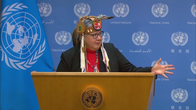 AFN Chief RoseAnne Archibald speaks at the UN in New York. 