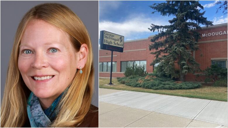 A collage with a woman's headshot to the left, and a school to the right.