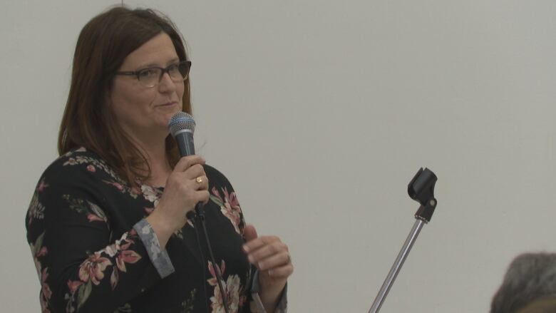 Green candidate Karla Bernard speaks at a public meeting on a supervised injection site in Charlottetown.