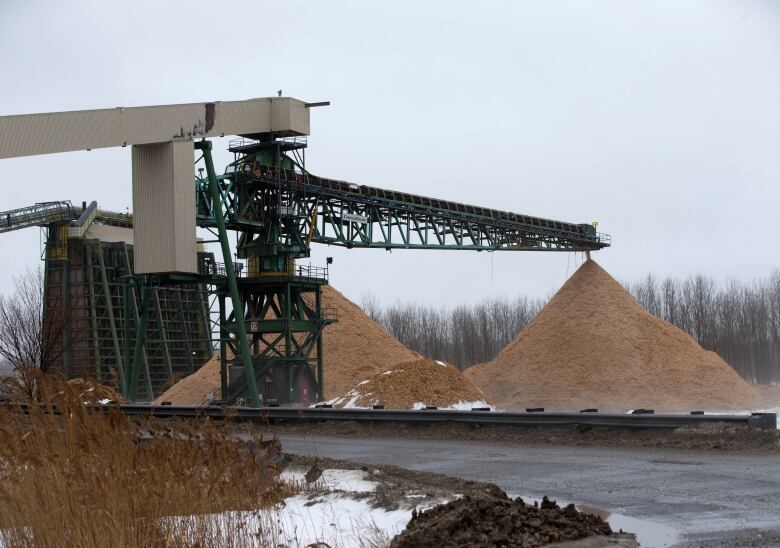 Two large piles of woodchips are shown beneath an industrial elevator.