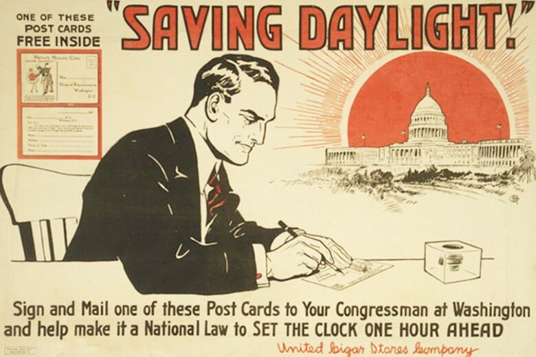 A old, stylized postcard encourages people to mail politicians and let them know they support daylight saving time.