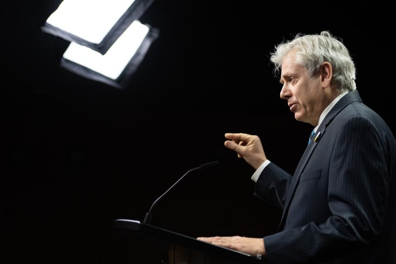 NDP MP for Timmins-James Bay Charlie Angus speaks during a news conference calling on First Nations representation, at the ongoing health care talks on Parliament Hill in Ottawa on Feb. 7, 2023.