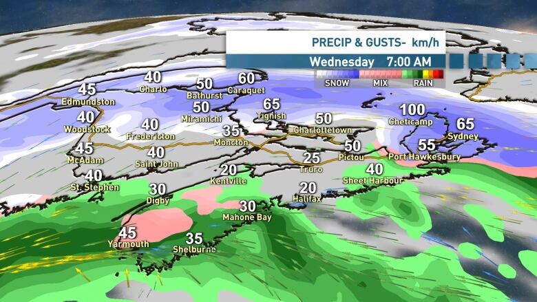 A map shows expected wind speeds by Wednesday morning.