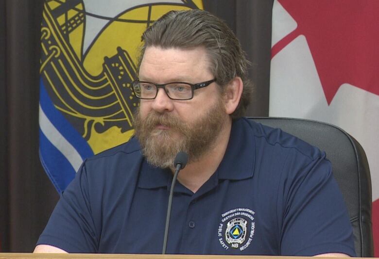 A man with a beard and black-framed glasses. He is wearing a blue collared t-shirt and speaking into a microphone in front of New Brunswick and Canadian flags.