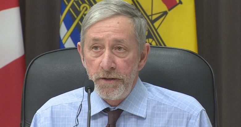 A man with grey hair and a beard wearing a light blue dress shirt and dark tie. He is sat in front of a New Brunswick and Canada flag, speaking into a microphone.