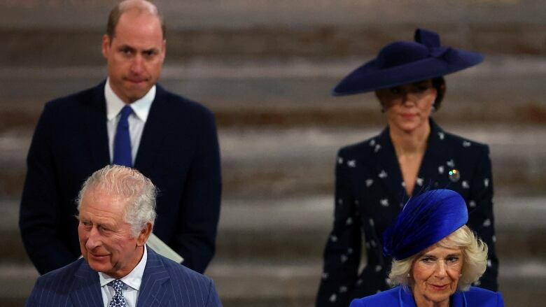 King Charles, Camilla, the Queen Consort, Prince William, and Kate, Princess of Wales are pictured at a church service.