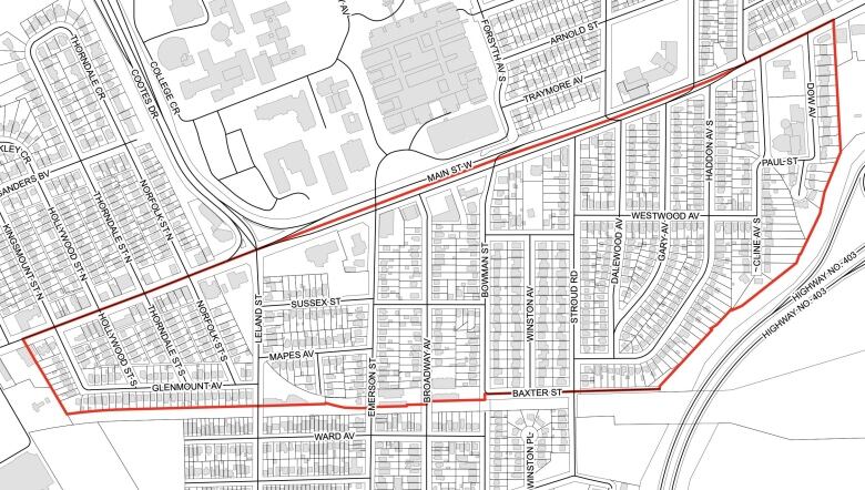 A map of residences south of McMaster University.