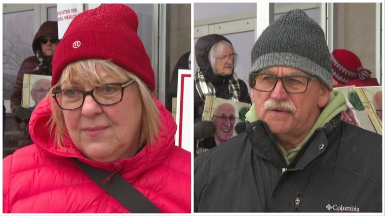 A woman and man stand outside wearing winter coats and hats.