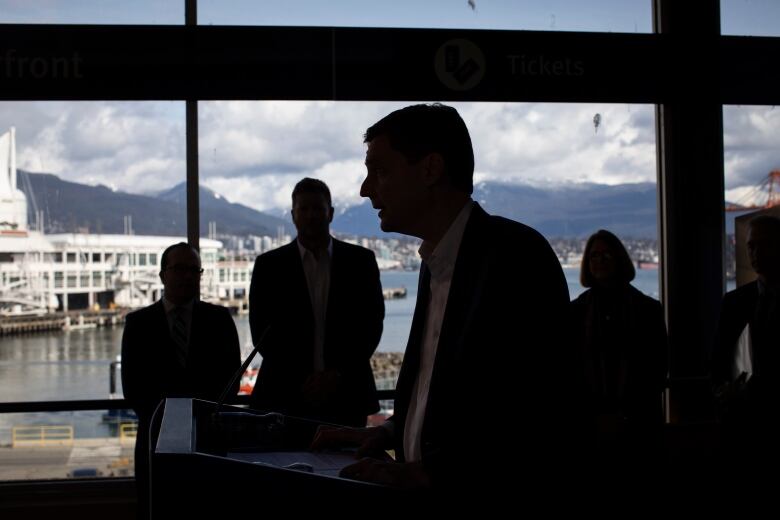 Premier David Eby is pictured during an announcement regarding funding for Translink in Vancouver, British Columbia on Wednesday, March 15, 2023. 