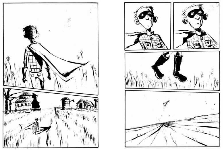 Lester in the Essex County graphic novel. We see six black-and white panels showing a young boy in a superhero costume, standing in a farmer's field