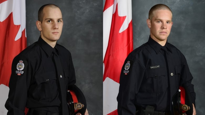 Composite image showing two men in black police uniforms.